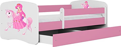 WFL GROUP Rosa Kinderbett Mit Matratze Pink 70x140 80x160 80x180 cm Kinderbett Mit Rausfallschutz, Jugendbett, Schublade Und Lattenrost - Für Jungen und Mädchen - Prinzessin und Pferd - 140x70