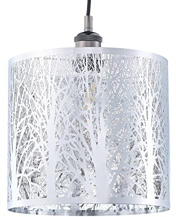 Unique and Beautiful Polished Chrome Metal Forest Design Ceiling Pendant Shade When Lit the Light Escapes Through the Gaps and Casts the Forest Against the Walls and Ceiling by Happy Homewares