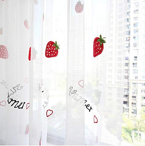 Lsimeru Erdbeere Gardinen Kinderzimmer Mädchen Transparent Blumen Kräuselband Kurz 2 Stücke Vorhänge Durchsichtig Schals Fensterschal für Babyzimmer 140x160