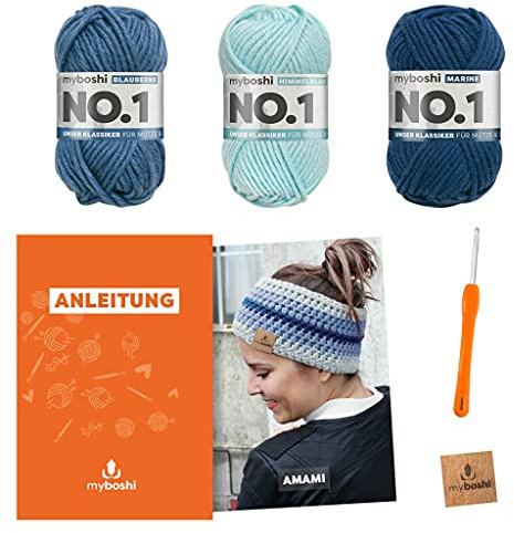myboshi Häkelset Stirnband Amami, inkl. No.1 Wolle, Nadel und Anleitung, für Mützen und Stirnbänder, Häkelpaket, 30% Merinowolle Saphir mit Häkelnadel