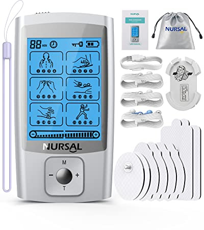 NURSAL 24 Modes TENS Unit Muscle Stimulator with Continuous Stimulation, Rechargeable Electronic Pulse Massager with 8 Pads for Back and Shoulder Pain Relief and Muscle Strength (Silver)