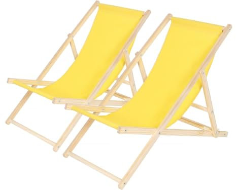 Habitat et Jardin - Lot de 2 Bains de Soleil en Bois Chilienne - Transats Pliables, Empilables - Chaises de Jardin, Piscine et Balcon Inclinables en Tissu Oxford - Jaune