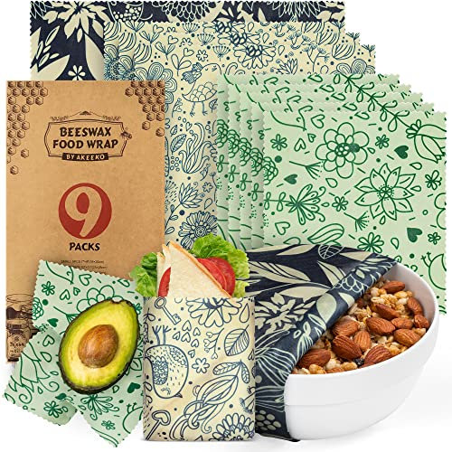 Akeeko Reusable Beeswax Food Wraps - Assorted 9 Packs, Reusable, Plastic-Free Food Storage, 5 Small, 2 Medium, 1 Large, 1 Extra Large Wraps with Flower and Birds Pattern