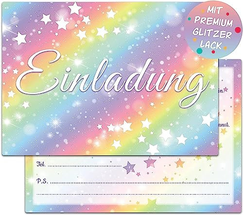 VOSVOLO Regenbogen Einladungskarten Geburtstag | 12 Glitzer Geburtstagseinladungen | Kindergeburtstag Einladungen für Mädchen | Kinder Partyeinladungen
