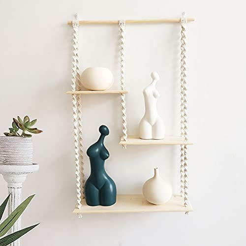 Ricemru Schweberegal Wandregal Holz Seil Boho-3 Böden Holz Hängendes Regal mit Seil-Makramee Wandbehang Regal-Wand Regalen Hängeregale Pflanzen Wanddeko für Wohnzimmer Schlafzimmer