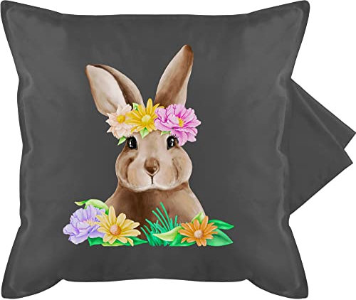 Shirtracer Kissenbezug - Kissen - Hase mit Blumenkranz I Osterhase I Oster Hase - 50 x 50 cm - Grau - hasenmotiv Hasen osterhasen Bunny baumwollkissen 50×50 Ostern Motiv häschen Blumen bezug Ostern