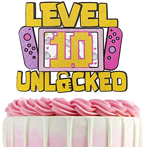 Girls Level 10 Unlocked Cake Topper, Glitter Girls Gaming 10th Birthday Cake Topper, Video Game Theme Party Decoration, Girl Gamer Birthday Favor