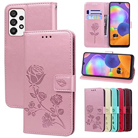 RankOne Étui Portefeuille en Cuir pour Samsung Galaxy A13 4G (6.6 inches), avec Porte-Cartes Rose Pattern Design Cover Coque Housse Case - Or Rose