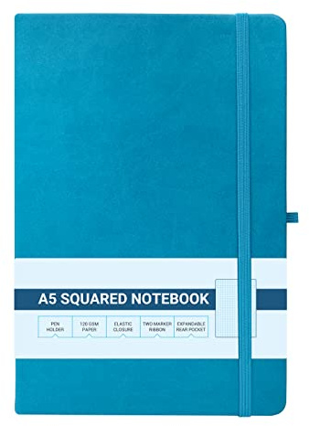 A5 Quadratisches Papier-Notizbuch, fester Einband und elastischer Verschluss, Tagebuch, 120 g/m² Papier, Notizblock mit Rücktasche, zwei Seitenmarkierungsbänder (türkis)