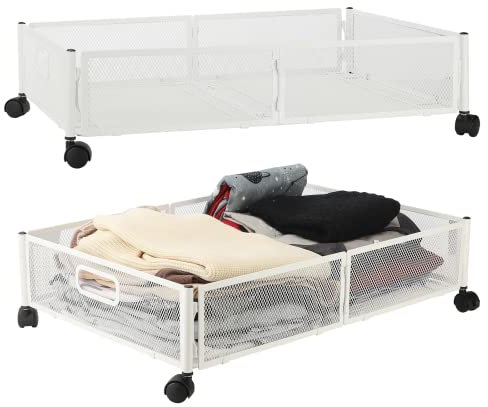 BestAlice 2 Pack Under Bed Storage Containers with Wheels, Foldable Metal Rolling Drawers Shoe Organizer, Under The Bed Storage Cart for Bedroom, White-Rhombus
