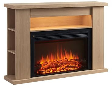 BALDERIA Elektrokamin Ruby | Elektrischer Standkamin mit 3D-Flammeneffekt | Elektro Heizung 2000W, LED-Beleuchtung | Kamin mit Fernbedienung, Thermostat & Timer | Hellbraun