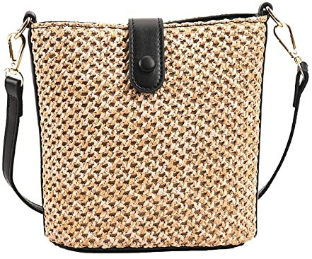 Women Straw Crossbody Bag Beach Handmade Rattan Shoulder Bags Hand Woven Leather Straps Straw Clutch Purse Vacation, Black, One Size