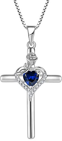 FJ Collier Croix pour Femme Argent Sterling 925 Collier Saphir Pendentif Pierre de Naissance Septembre Collier Fleur de Rose Bijoux Cadeaux pour Femme Fille