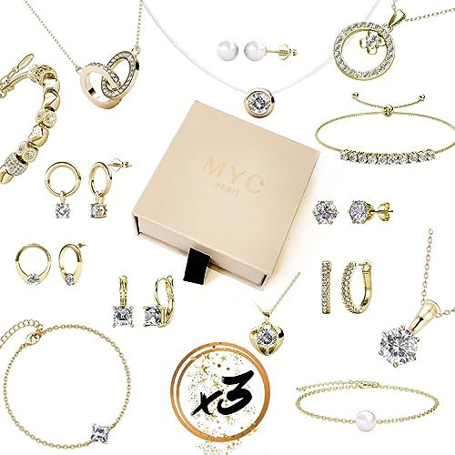 MYC-Paris Überraschungs-Set mit 3 Schmuckstücken, vergoldet 18 K und Messing, mit österreichischem Kristall – Ohrringe + Halskette + Armband – Geschenk zum Geburtstag, Muttertag, Weihnachten, Kristall