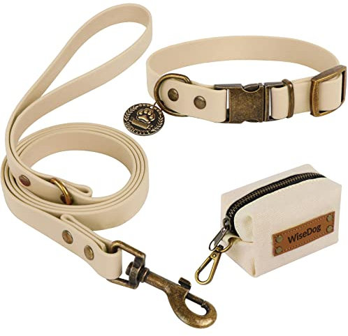 Wisedog Hundehalsband und Leine Set Combo: Einstellbare langlebige Haustier Halsbänder mit Hundeleinen für kleine mittlere große Hunde, enthält einen Bonus von Poop Bag Holder (XL, Sandfarbe)