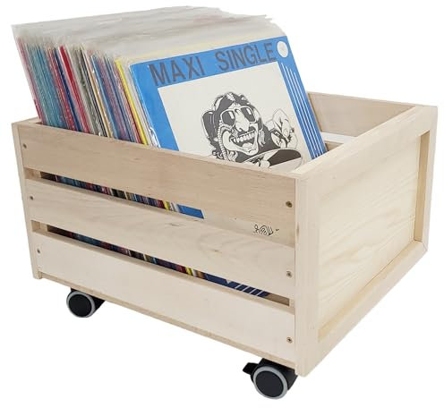 weeco Holzkiste mit rädern für Vinyl schallplatten. Durchbrochene holzkiste auf drehbaren rädern für bücher, dokumente, flaschen. Lagerbehälter aus buchenholz - solide konstruktion