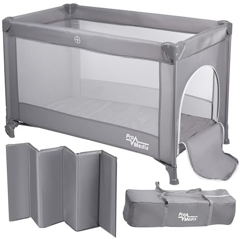 ProMedix PR-803 Faltbares Babyreisebett Reisebett mit Tasche und seitlichem Eingang, Geeignet für Babys und Kleinkinder, 2X Räder, 125x65x74cm (Grau)
