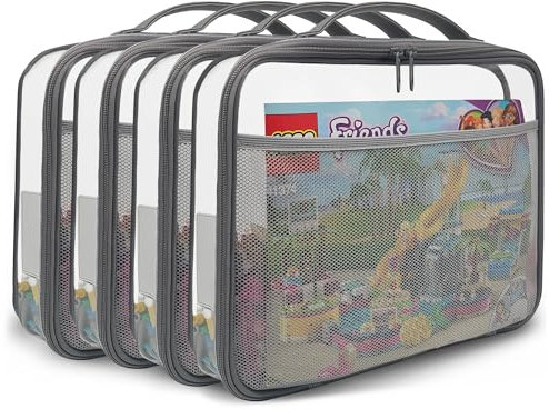holay 4 Packs PVC Zippered Blocks Set, Toy, Clay, Board game Storage Organizer Case bag(Name Tag, Manual Pocket) (Grey, Large)