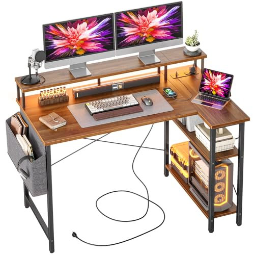 BEXEVUE Escritorio de Esquina con LED Regleta Enchufes - 120x70cm Grande Mesa de Ordenador en Forma L, Estantes de Almacenamiento, Oficina Esquina Reversible Desk para Estudio Trabajo Dormitorio Hogar