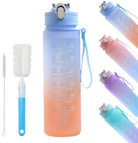 YekouMax Gourde 750ml, Sport Bouteille d'Eau avec Paille, Motivation Gourde Graduée pour 1 Journee, Sans Bpa Plastique Water Bottle pour Adulte, Camping, Randonnée, Musculation, Homme, Femme