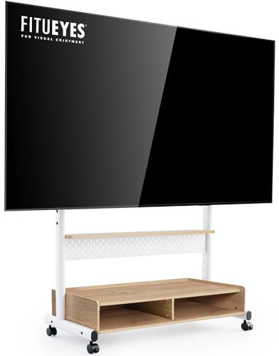 FITUEYES Mueble TV Móvil para 70 a 100 Pulgadas, Soporte TV Pie con Ruedas de Estructura de 2 Tubos, Soporte Monitor Carrito con Mueble Madera y Función de Altura Ajustable