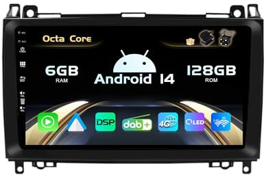 SXAUTO『Built-in 4G Dab』Android 14-6G+128G Autoradio para Benz W169 W245 Vito Viano Sprinter - CarPlay/Android Auto - Cámara + Mic - Dual Band WiFi - 360-CAM Volante Fast-Boot - QLED 9 Pulgada 2 DIN