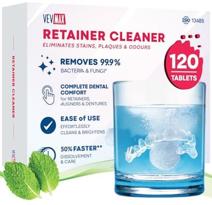 Vevmax Retainer Reinigungstabletten - 120 Tabletten (4 Monate Vorrat) Retainer, Zahnersatz, Mundschutz, Zahnspangen, Aligner Reiniger, Perfekt für Ultraschall-Zahnspangenreiniger