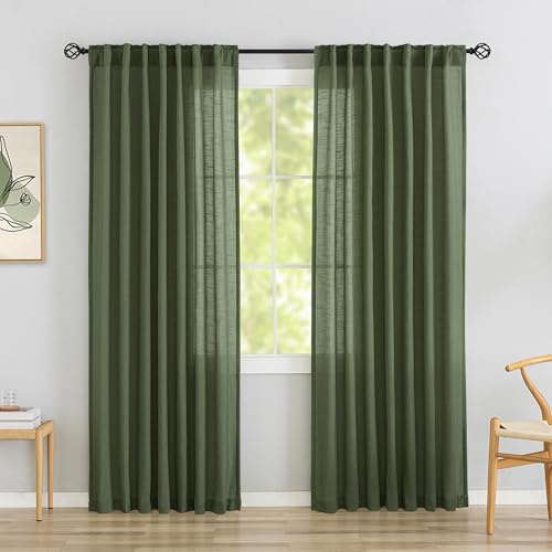DONREN Leinen-Vorhänge, 213 cm lang, 2 Paneele, Set für Schlafzimmer, halbdurchsichtig, Moderne Bauernhaus-Haken, Gürtel, Plissee-Vorhangpaneele, Stangentasche, Lichtfilterung, Sichtschutz, Olivgrün