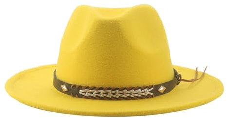 Fedora Trilby Filzhut Hut Cowboyhut Für Damen Und Herren Fedoras Gefilzter Panamahut Western-Vintage-Solid-Fedoras 56–58 cm (Erwachsene) Gelb