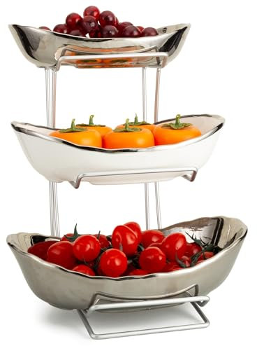 XUDREZ Silver White 3 Tier Fruit Bowl for Kitchen, Ceramic Bowl with Metal Stand 3 Tiered Basket Fruit Stand for Salad Bread Candy Vegetable Storage (Silver)