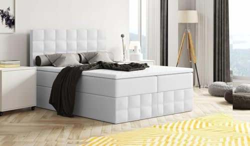 Moderne Boxspringbett MERA Premium Bett mit Bettkasten Ziernähten Bonell Matratze H3 Federkern Topper Polsterbett Doppelbett Schlafzimmer (Weiss - Madryt 120 (Kunstleder), 200x200)