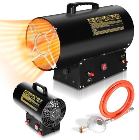 Eulenke Termoventilatore a gas da 30 kW, flusso d'aria 650 m³/h, con tubo del gas e riduttore di pressione, generatore di aria calda, con protezione contro il surriscaldamento