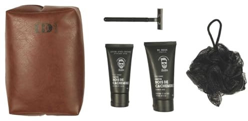 COSMETIC CLUB - SC40043 Coffret Soin Corps Homme, 5 Accessoires : Gel Douche, Mousse à Raser, Fleur de Douche, Ciseaux à Ongles, Parfum Bois de Cachemire, Design Marron Noir
