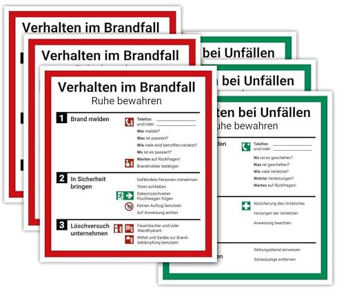 tradercat Aufkleber Verhalten im Brandfall und bei Unfällen - als 3er Set - ISO7010 ISO 7010-18cmx20cm Warnaufkleber/Hinweisaufkleber für Innen und Aussen mit UV-Schutz-, Hinweis/Gefahr Schild
