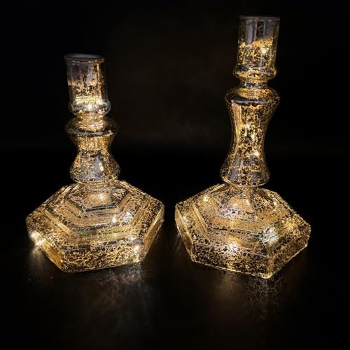 Kerzenständer aus Glas für Stabkerzen - 2er Set Stabkerzenhalter mit LED-Beleuchtung inkl. 6-Stunden Timerfunktion - Weihnachtsdeko (Silber)