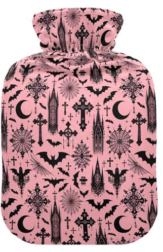 Hot Water Bottle, 2L Large Hot Water Bag with Soft Plush Cover Black Gothic Moon Spider Webs and Bats, Leak Proof Screw Plug Best for Winter Sports Outdoors Back Neck and Leg Cold Muscle Pain and Cram