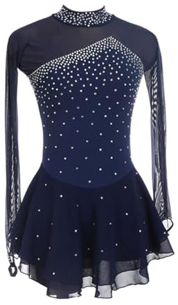 Yaaxinb Eiskunstlauf Kleid Damen Eislaufen Rollschuh Kleid Langarm Kürkleid Mit Rollkunstlauf Wettbewerb Gymnastik Leotard Turnanzug Tanzkostüm Ballettkleid Eisllaufkleid,Navy Blue,S