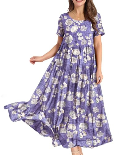 YESNO Women Dresses Casual Plus Size Bohemian Short Sleeve Floral Long Maxi Summer Beach Swing Dress/Pockets M EJFUK CR450