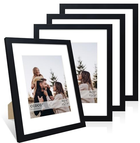 ccdcc 11x14 Bilderrahmen 4er Set, 11x14 Holz Fotorahmen mit Passepartout für 8x10, Holzrahmen mit Echtglasabdeckung für Wand und Tischdisplay, Schwarz