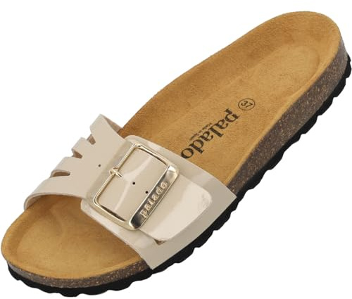 Palado Damen Pantoletten Malta EGS Vent – Sandalen Made in Spain - elegante Hausschuhe mit dämpfendem Kork-Fußbett - elegante Sommerschuhe Beige Lack UK9 - EU42
