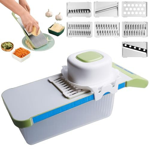 Gemüsehobel Edelstahl, 7 in 1 Multifunktional Gemüseschneider Set, Zwiebelschneider, Mehrzweck Gemüsehobel Schnitt, Gurkenhobel Gemüsereibe Reibe für Gemüse mit Abflusskorb und 6 Klingen