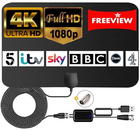 TV Aerial, Indoor TV Aerial with 250+ Miles Range for Smart TV, Freeview Antenna with Signal Booster High Gain for 4K 1080P HDTV & VHF UHF DAB Radio with 14.5Ft Coax Cable