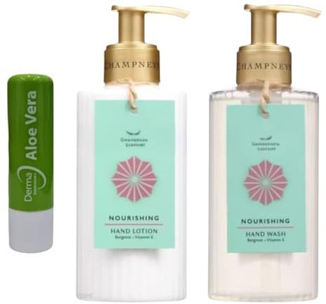Champneyss Nourishing Bergamot Fragrance & Vitamin E, Hand Lotion 250ml And Hand Wash 250ml, Duo set With Free Aloe Vera Lip Balm
