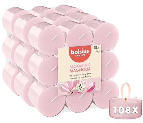 Bolsius - Candele profumate - Magnolia - Rosa - 108 pezzi - Custodia trasparente - Estratti naturali - Contiene cera vegana - Senza olio di palma