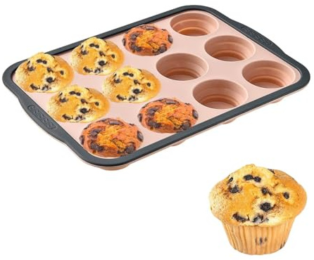 YiYeraio Silicone Muffin Trays with Metal Frame, 12 Cup Non Stick Cupcake Tray Regular Size, Muffin Moulds for Baking, Yorkshire Pudding Tray