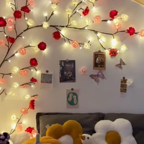230CM 144 LEDs Rose Baum Willow Vine Wand Deko - Ästhetische zimmer deko Lichter Wanddeko mit Fernbedienung, 8 Modi, USB-Betriebene Timer, Weidenrebe Baum Licht für Schlafzimmer & Wohnzimmer Deko