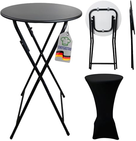 CHEFGASTRO Stehtisch mit Husse klappbar rund 60cm Höhe 110cm In- & Outdoor Stahl, MDF-Platte mit PVC-Beschichtung Schwarz Gastro wetterfest Bistrotisch Partytisch Klapptisch Gartentisch