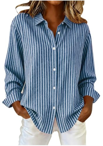 Dyhxuan Chemise rayée à manches longues pour femme - Chemise boutonnée à manches longues - Décontracté - Rayures - Coupe ample - Chemise à manches longues, bleu, M