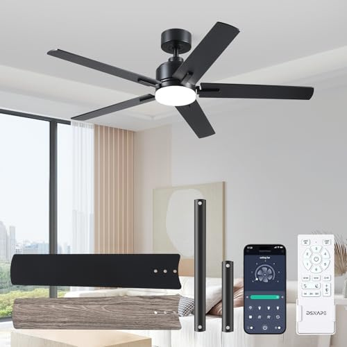 DSNAPE Deckenventilator mit Beleuchtung 132cm, Ventilator Lampe mit Fernbedienung und APP, 5 Flügelblatt, Leise DC Motor, Timer, Deckenventilator mit Licht für Wohnzimmer Schlafzimmer, Schwarz