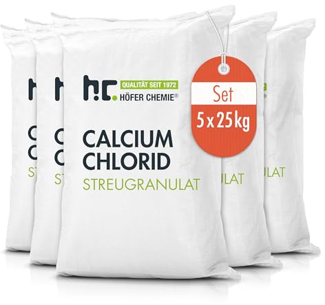 Höfer Chemie® Mehrzweck-Kalziumchlorid, 5 x 25 kg | Schneesalz und Luftentfeuchter – effizient bis -20 °C, umweltfreundlich und leistungsstark